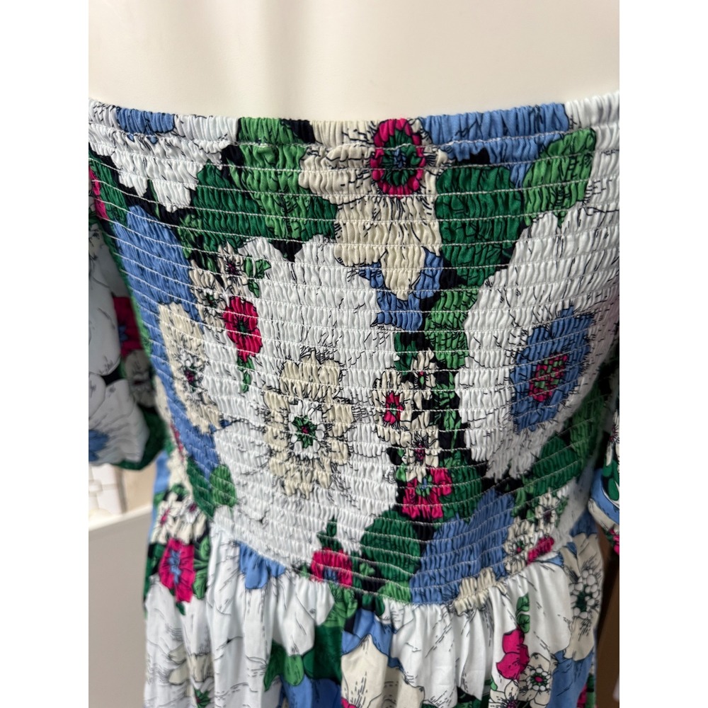 Gap Floral Smocked Back Puff Sleeve Mini Dress Blue Pink Pockets Cotton Womens M - Picture 5 of 9